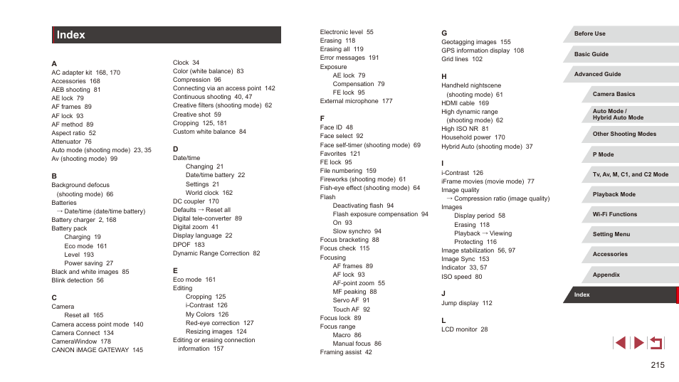 Index | Canon PowerShot G3 X User Manual | Page 215 / 219