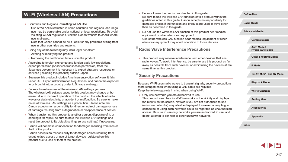 Wi-fi (wireless lan) precautions, Radio wave interference precautions, Security precautions | Canon PowerShot G3 X User Manual | Page 217 / 219