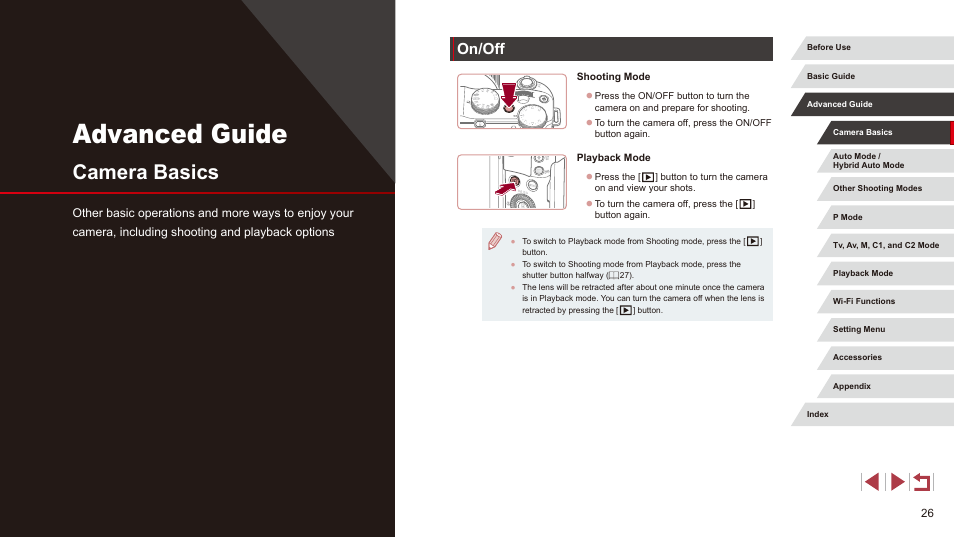 Advanced guide, Camera basics, On/off | Canon PowerShot G3 X User Manual | Page 26 / 219