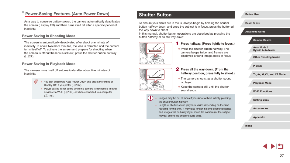 Power-saving features (auto power down), Shutter button | Canon PowerShot G3 X User Manual | Page 27 / 219