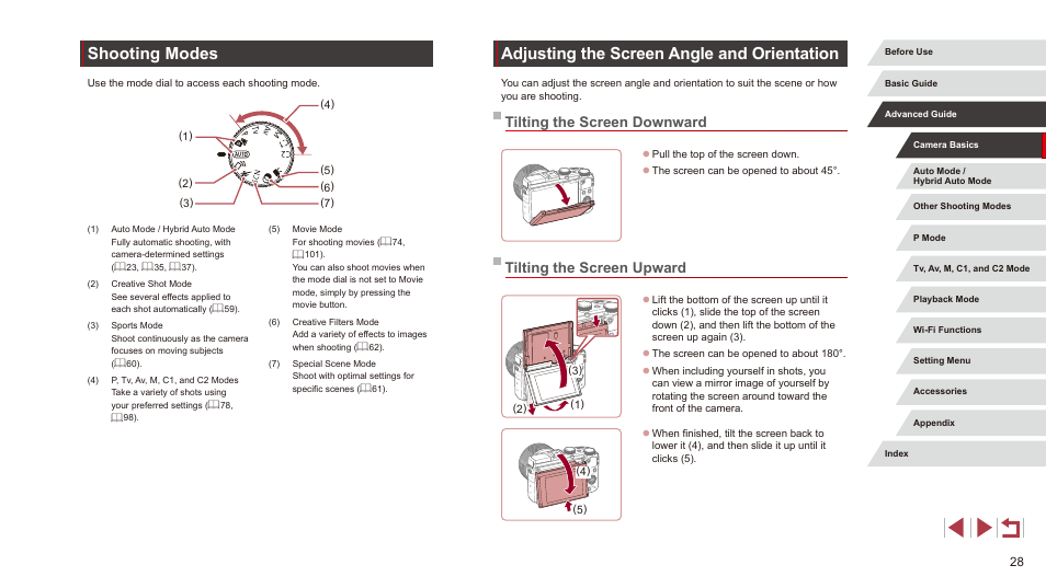 Adjusting the screen angle and orientation, Shooting modes, Tilting the screen downward | Tilting the screen upward | Canon PowerShot G3 X User Manual | Page 28 / 219
