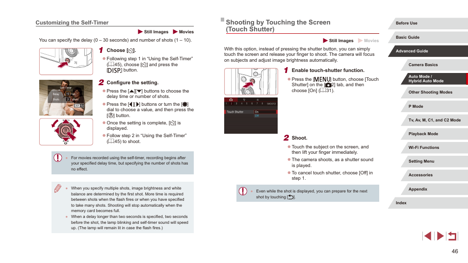 Customizing the self-timer, Shooting by touching the screen (touch shutter) | Canon PowerShot G3 X User Manual | Page 46 / 219