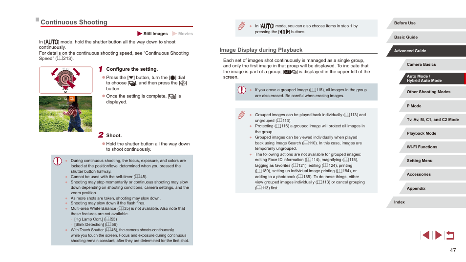 Continuous shooting, Image display during playback, 47) and when | Canon PowerShot G3 X User Manual | Page 47 / 219