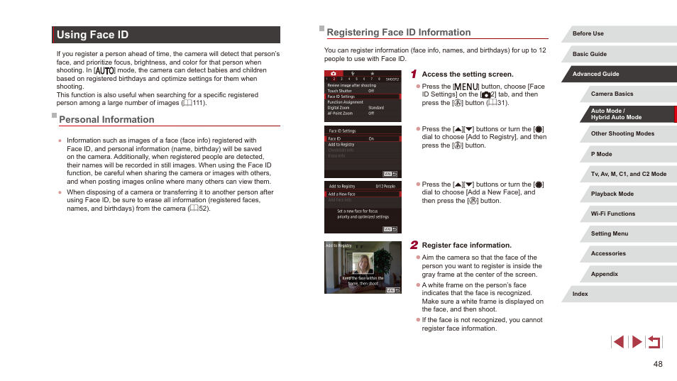 Using face id, 48). confirm beforehand that the date and time, Registering face id information | Personal information | Canon PowerShot G3 X User Manual | Page 48 / 219