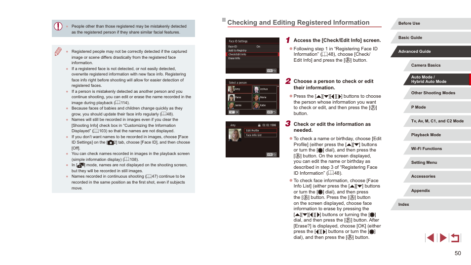 Checking and editing registered information | Canon PowerShot G3 X User Manual | Page 50 / 219
