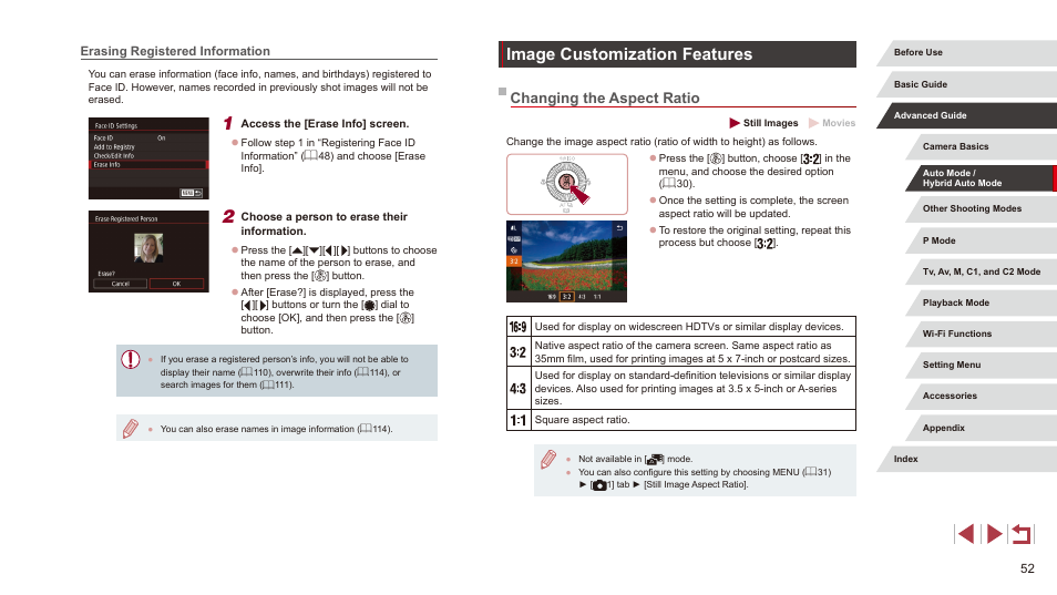 Erasing registered information, Image customization features, Changing the aspect ratio | Canon PowerShot G3 X User Manual | Page 52 / 219