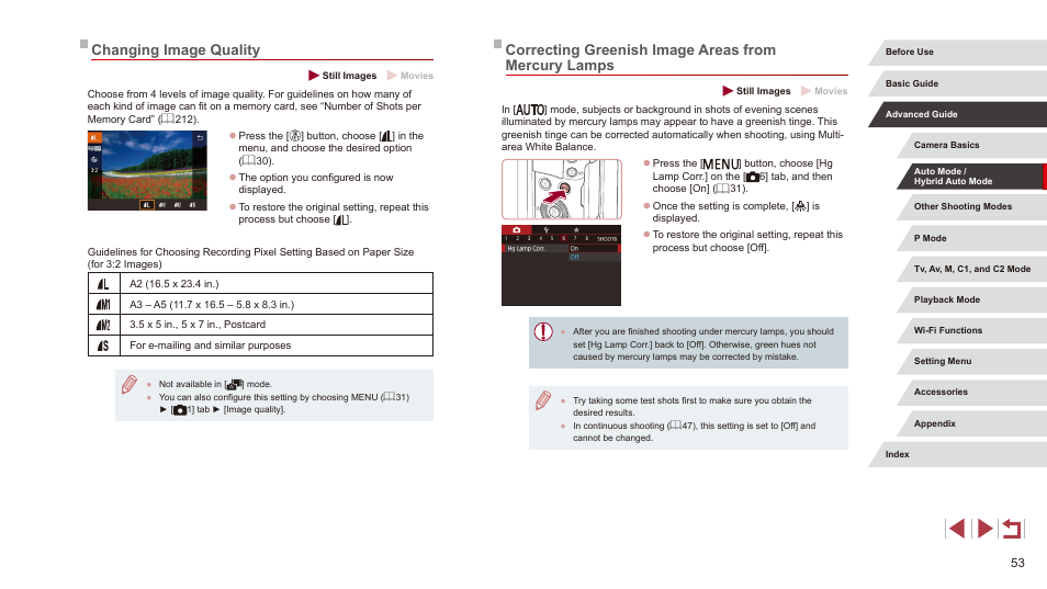 Correcting greenish image areas from mercury lamps, Changing image quality | Canon PowerShot G3 X User Manual | Page 53 / 219