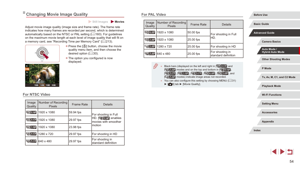 Changing movie image quality, For ntsc video for pal video, For pal video | For ntsc video | Canon PowerShot G3 X User Manual | Page 54 / 219