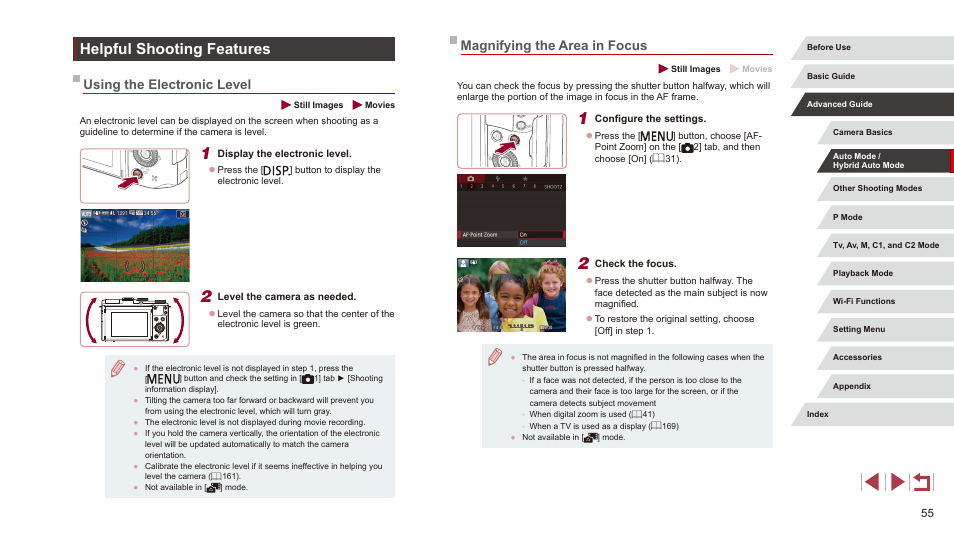 Helpful shooting features, Magnifying the area in focus, Using the electronic level | Canon PowerShot G3 X User Manual | Page 55 / 219