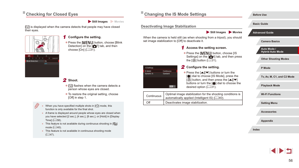 Deactivating image stabilization, Blink detection] (= 56), Changing the is mode settings | Checking for closed eyes | Canon PowerShot G3 X User Manual | Page 56 / 219