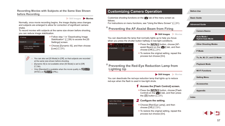 Customizing camera operation, Preventing the af-assist beam from firing | Canon PowerShot G3 X User Manual | Page 57 / 219