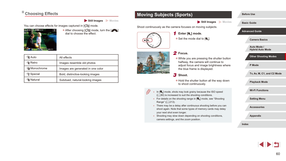 Choosing effects, Moving subjects (sports) | Canon PowerShot G3 X User Manual | Page 60 / 219