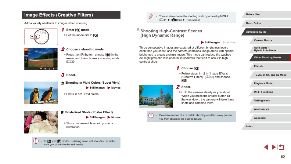 Image effects (creative filters), Shooting high-contrast scenes (high dynamic range), When shooting (= 62) | Canon PowerShot G3 X User Manual | Page 62 / 219