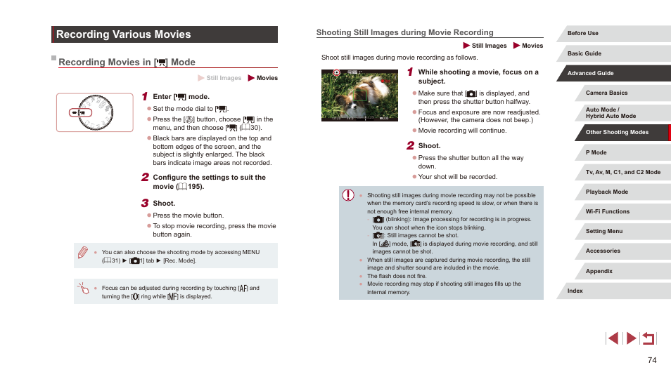 Recording various movies, Recording movies in [ ] mode, Shooting still images during movie recording | Canon PowerShot G3 X User Manual | Page 74 / 219