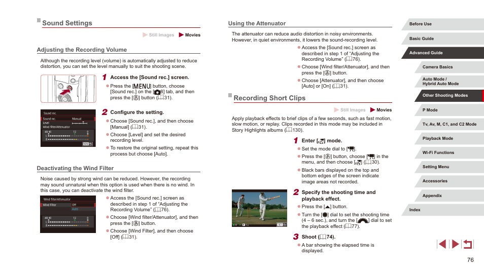 Sound settings, Recording short clips | Canon PowerShot G3 X User Manual | Page 76 / 219