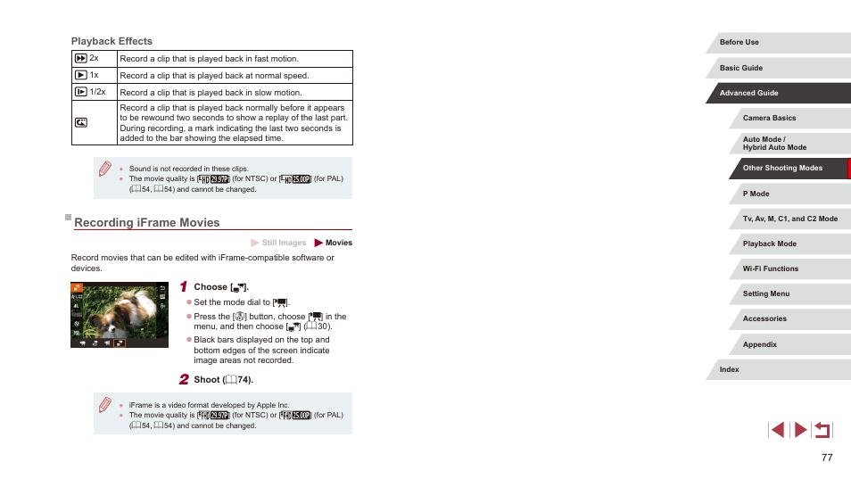 Playback effects, Recording iframe movies, Fect (= 77) | Canon PowerShot G3 X User Manual | Page 77 / 219