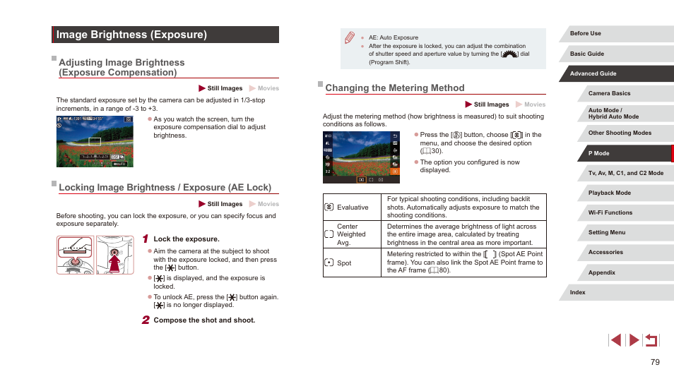 Image brightness (exposure), Changing the metering method, Adjusting image brightness (exposure compensation) | Locking image brightness / exposure (ae lock) | Canon PowerShot G3 X User Manual | Page 79 / 219