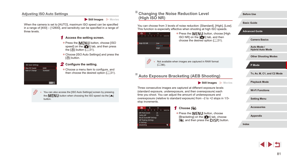 Adjusting iso auto settings, Changing the noise reduction level (high iso nr), Auto exposure bracketing (aeb shooting) | Canon PowerShot G3 X User Manual | Page 81 / 219