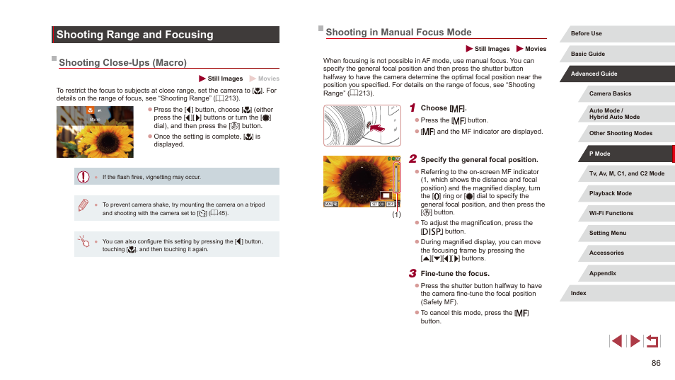 Shooting range and focusing, Shooting in manual focus mode, Shooting close-ups (macro) | Canon PowerShot G3 X User Manual | Page 86 / 219