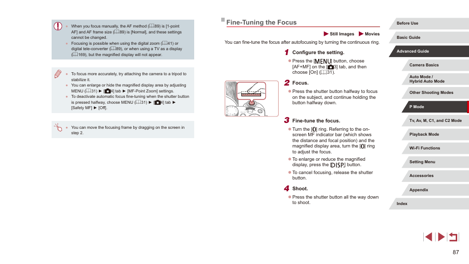 Fine-tuning the focus | Canon PowerShot G3 X User Manual | Page 87 / 219