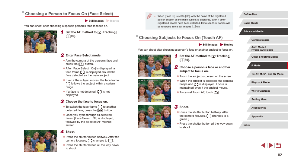 Choosing subjects to focus on (touch af), Choosing a person to focus on (face select) | Canon PowerShot G3 X User Manual | Page 92 / 219