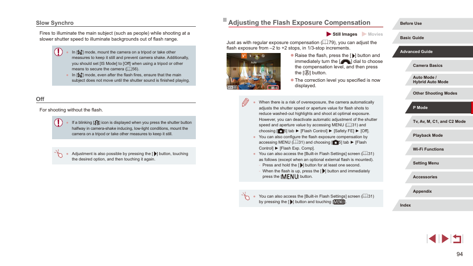 Slow synchro off, Adjusting the flash exposure compensation, Slow synchro | Canon PowerShot G3 X User Manual | Page 94 / 219