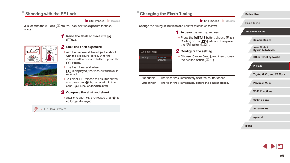 Changing the flash timing, Shooting with the fe lock | Canon PowerShot G3 X User Manual | Page 95 / 219