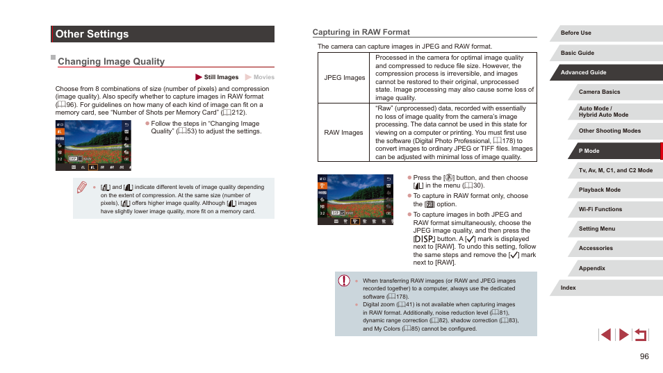 Other settings, Changing image quality, Capturing in raw format | Canon PowerShot G3 X User Manual | Page 96 / 219
