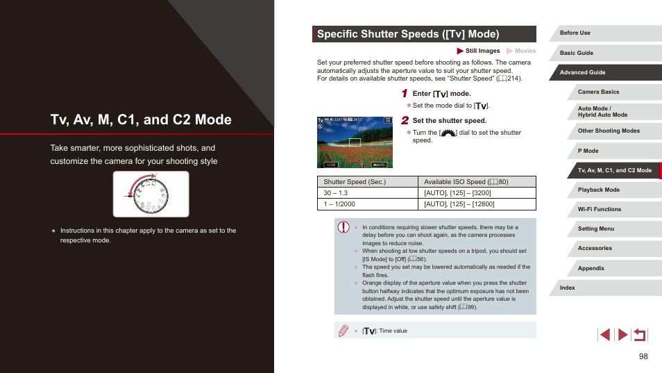 Tv, av, m, c1, and c2 mode, Specific shutter speeds ([tv] mode), Images, shooting long exposures (= 98 | Canon PowerShot G3 X User Manual | Page 98 / 219