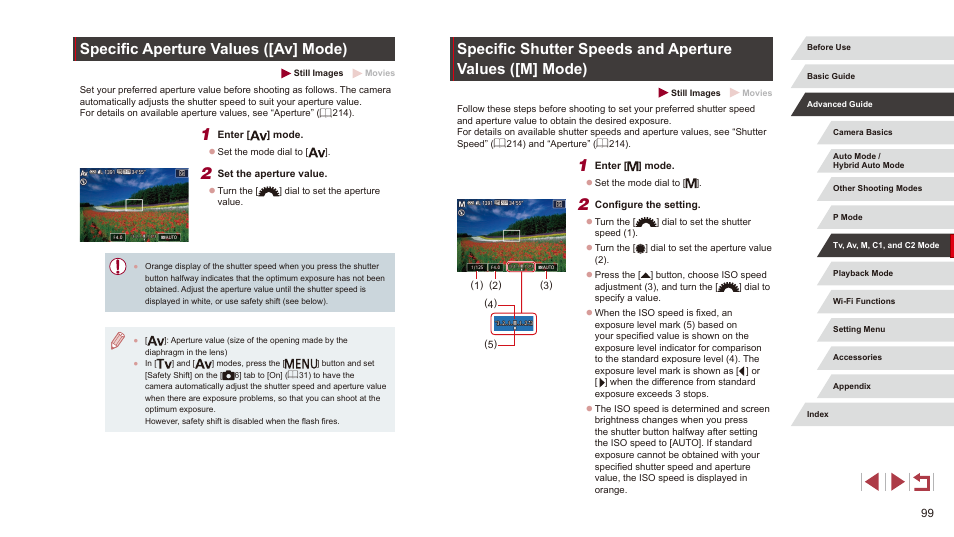 99), or connecting/transmitting via wi-fi, Specific aperture values ([av] mode) | Canon PowerShot G3 X User Manual | Page 99 / 219