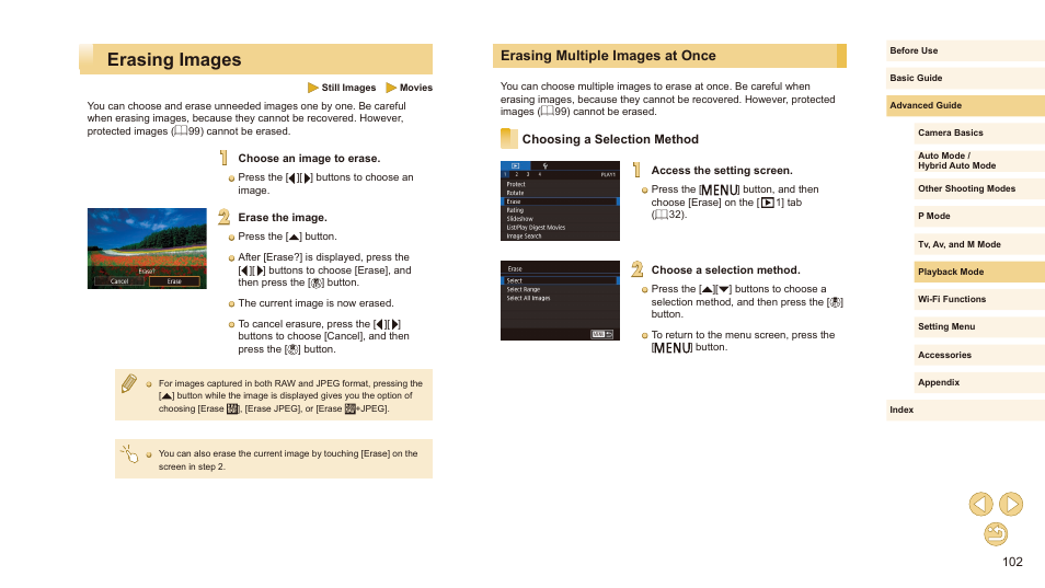 Erasing images, Erasing multiple images at once, Choosing a selection method | 102) these images all at once | Canon EOS M10 User Manual | Page 102 / 196