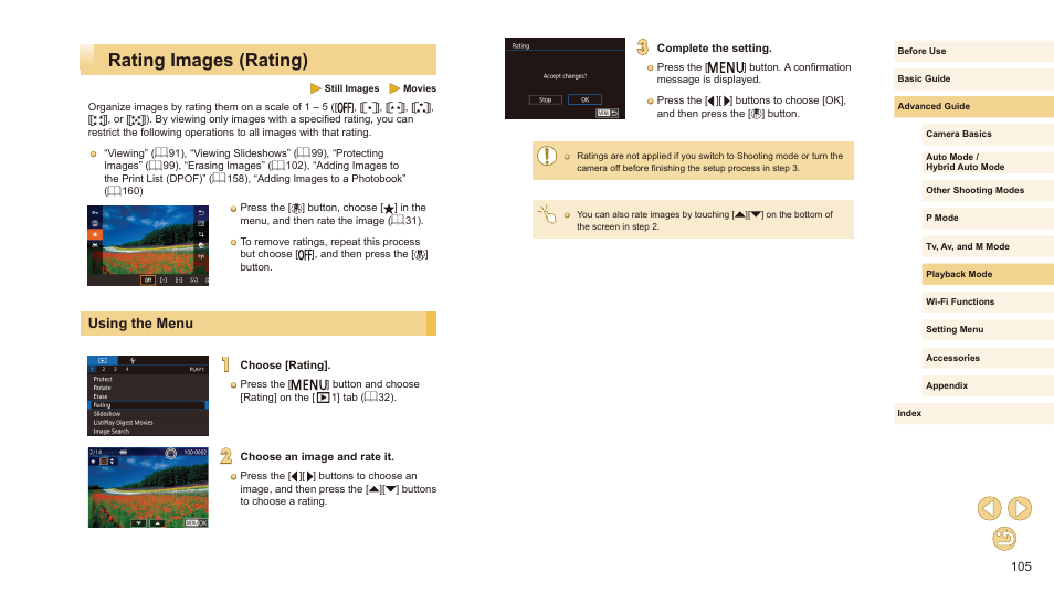 Rating images (rating), Using the menu, Displays images you have rated (= 105) | Canon EOS M10 User Manual | Page 105 / 196