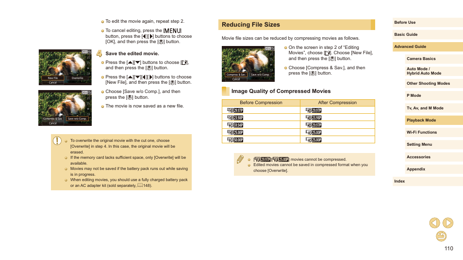 Reducing file sizes, Image quality of compressed movies | Canon EOS M10 User Manual | Page 110 / 196