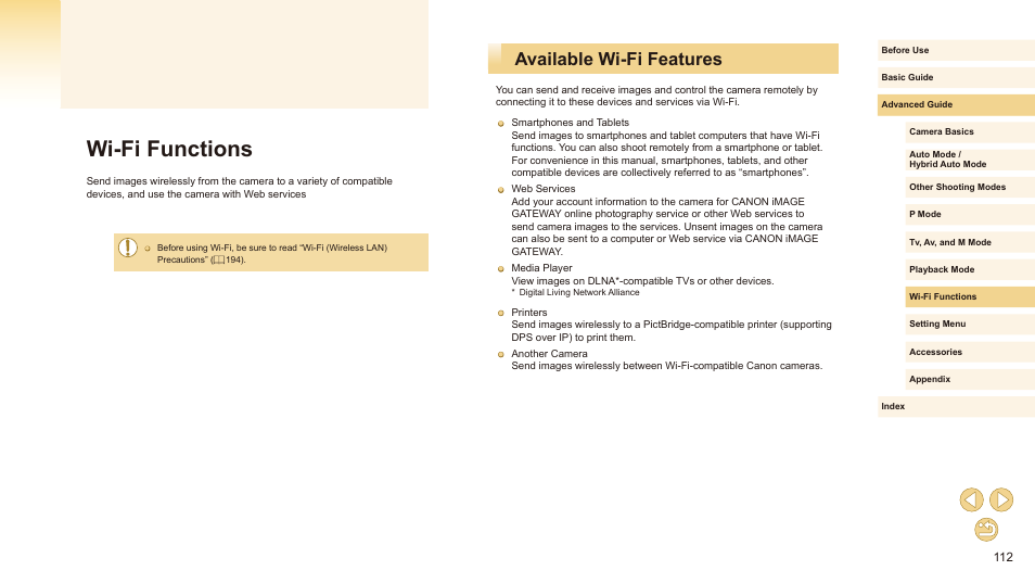 Wi-fi functions, Available wi-fi features | Canon EOS M10 User Manual | Page 112 / 196