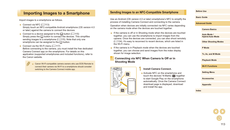 Importing images to a smartphone, Sending images to an nfc-compatible smartphone | Canon EOS M10 User Manual | Page 113 / 196
