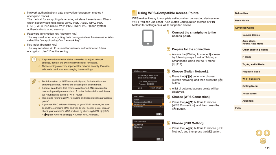 Using wps-compatible access points, Supports wi-fi protected setup (wps, = 119) or not | Canon EOS M10 User Manual | Page 119 / 196