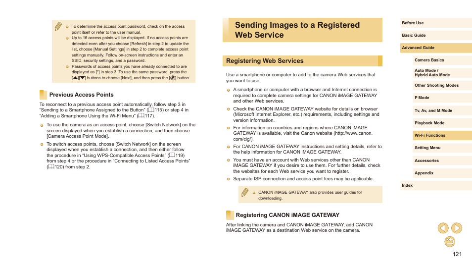 Previous access points, Sending images to a registered web service, Registering web services | Registering canon image gateway | Canon EOS M10 User Manual | Page 121 / 196