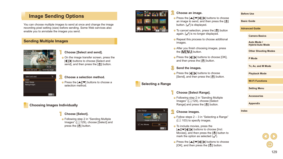 Image sending options, Sending multiple images, Choosing images individually selecting a range | Size before sending (= 129) | Canon EOS M10 User Manual | Page 129 / 196