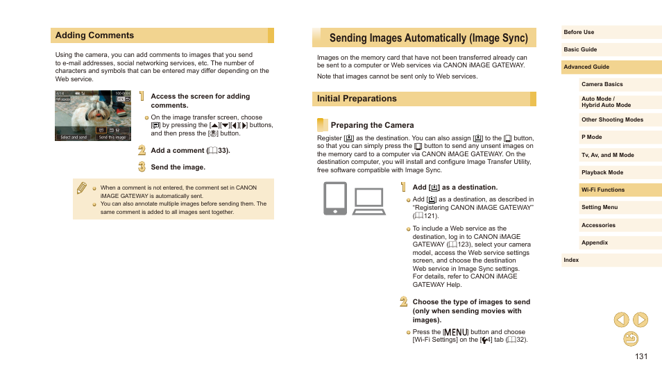 Adding comments, Sending images automatically (image sync), Initial preparations | Preparing the camera, 131) are now added as destinations | Canon EOS M10 User Manual | Page 131 / 196