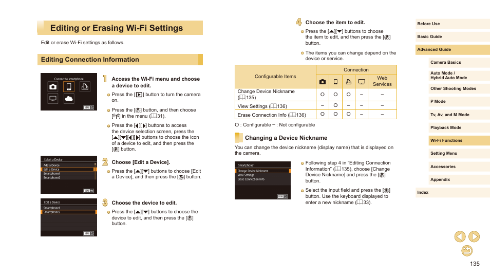Editing or erasing wi-fi settings, Editing connection information, Changing a device nickname | Canon EOS M10 User Manual | Page 135 / 196