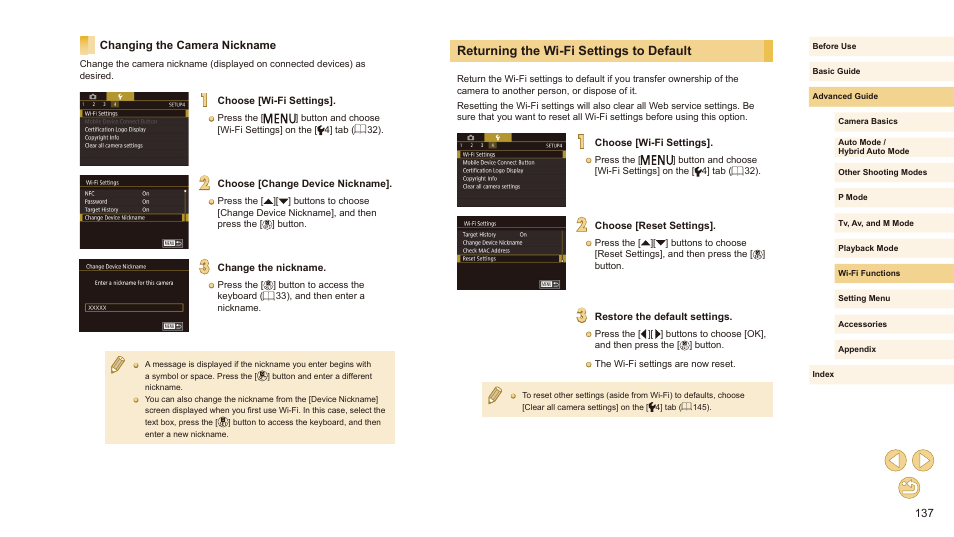 Changing the camera nickname, Returning the wi-fi settings to default | Canon EOS M10 User Manual | Page 137 / 196