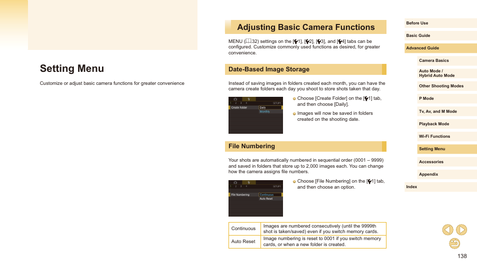 Setting menu, Adjusting basic camera functions, Date-based image storage file numbering | New folder is created (= 138), Date-based image storage, File numbering | Canon EOS M10 User Manual | Page 138 / 196