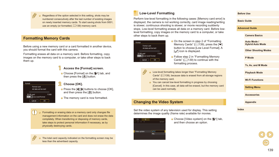 Formatting memory cards, Low-level formatting, Changing the video system | Format (= 139), 139), time, 139). for guidelines | Canon EOS M10 User Manual | Page 139 / 196