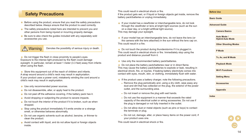Safety precautions, Warning | Canon EOS M10 User Manual | Page 14 / 196