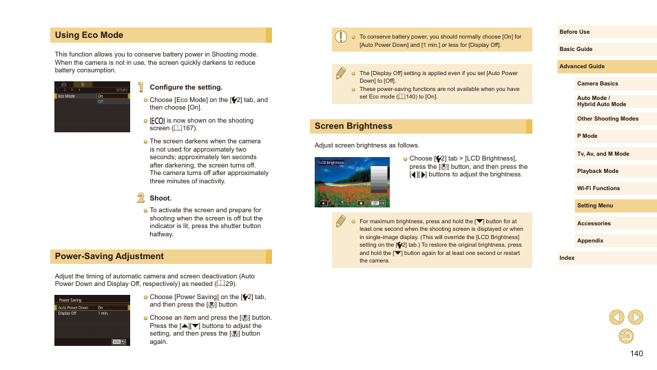 Screen brightness, Using eco mode, Power-saving adjustment | Canon EOS M10 User Manual | Page 140 / 196