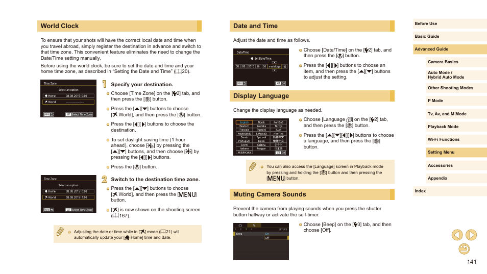 141), or copyright information, Date and time, Display language | Muting camera sounds, World clock | Canon EOS M10 User Manual | Page 141 / 196