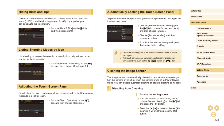 Disabling auto cleaning, Automatically locking the touch-screen panel, Cleaning the image sensor | Hiding hints and tips, Listing shooting modes by icon, Adjusting the touch-screen panel | Canon EOS M10 User Manual | Page 142 / 196