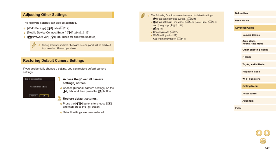 Adjusting other settings, Restoring default camera settings | Canon EOS M10 User Manual | Page 145 / 196