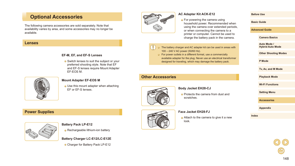Optional accessories, Lenses power supplies other accessories, Other accessories | Lenses, Power supplies | Canon EOS M10 User Manual | Page 148 / 196