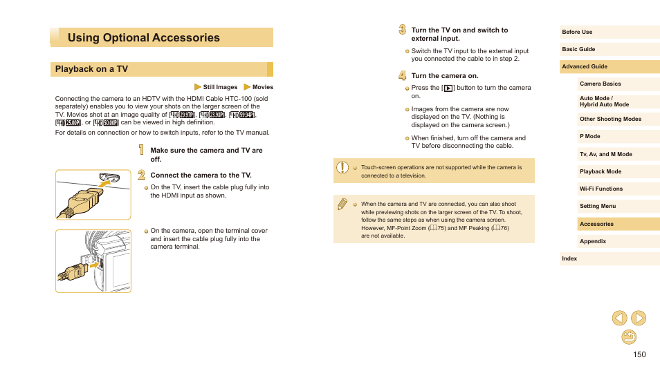 Using optional accessories, Playback on a tv | Canon EOS M10 User Manual | Page 150 / 196